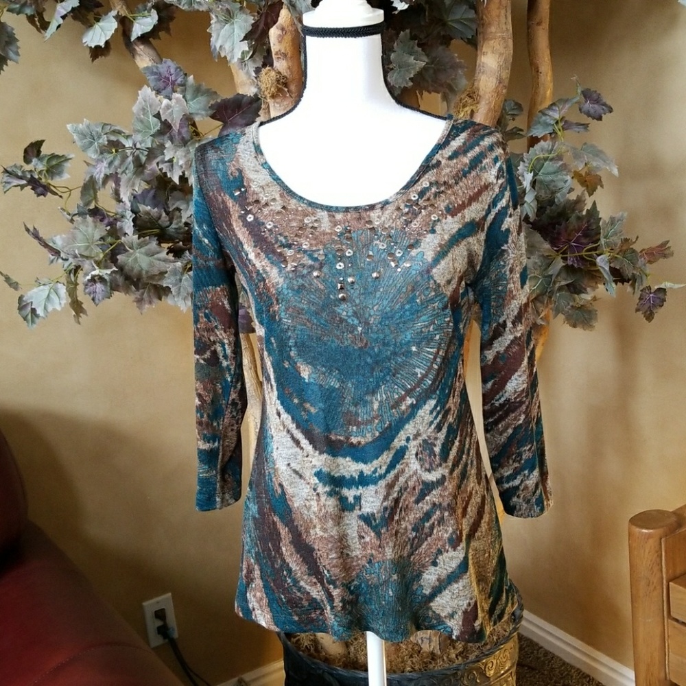 Embellished 3/4 sleeve knit tunic, brown & teal